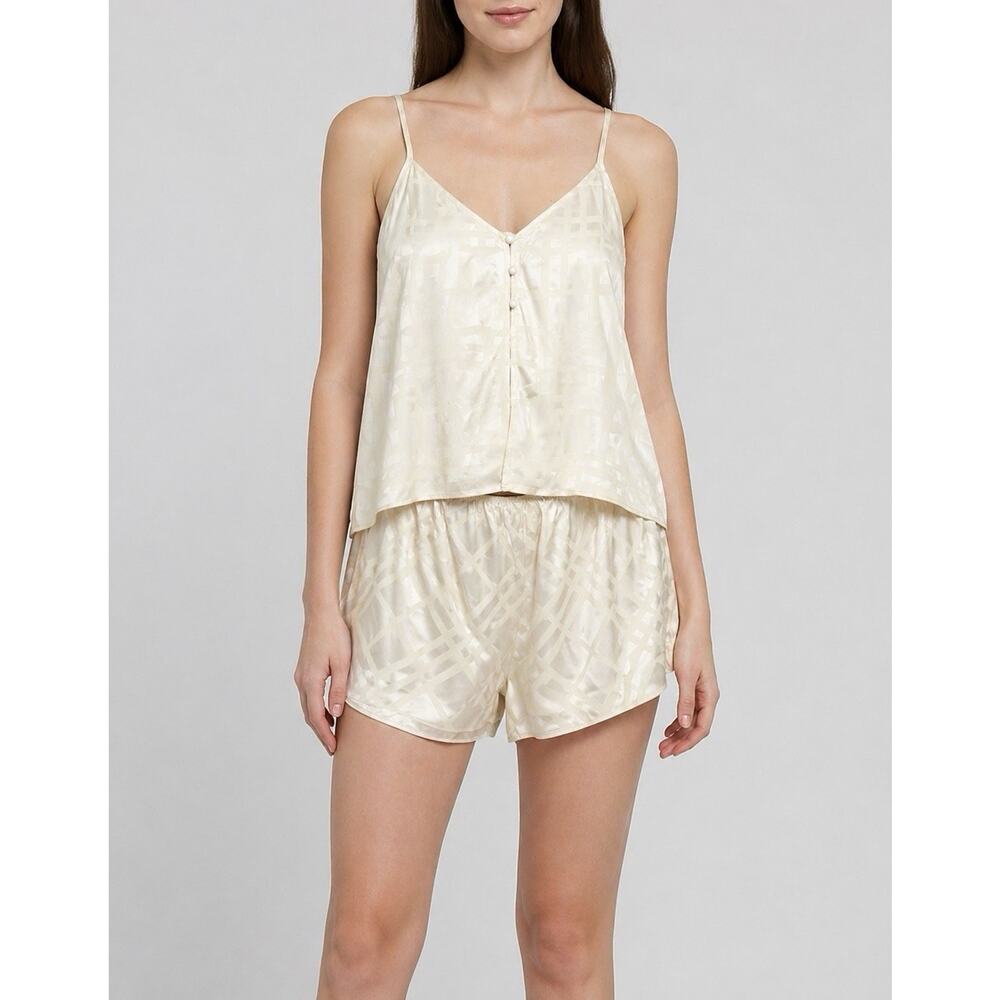 Flora Nikrooz 2PC Satin Short Set Womens XL Ivory Cami Pajama Lounge‎ Sleepwear